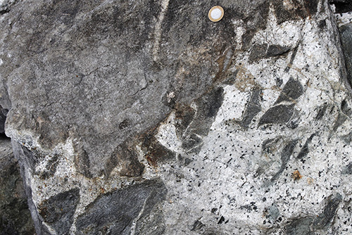 Syenite dyke with angular amphibolite