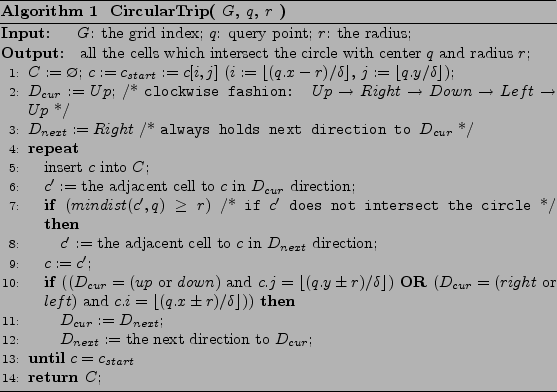 \begin{algorithm}
% latex2html id marker 3404
[htb]
\caption{\bf CircularTrip( ...
... \ENDIF
\UNTIL{$c = c_{start}$}
\RETURN $C$;
\end{algorithmic}\end{algorithm}