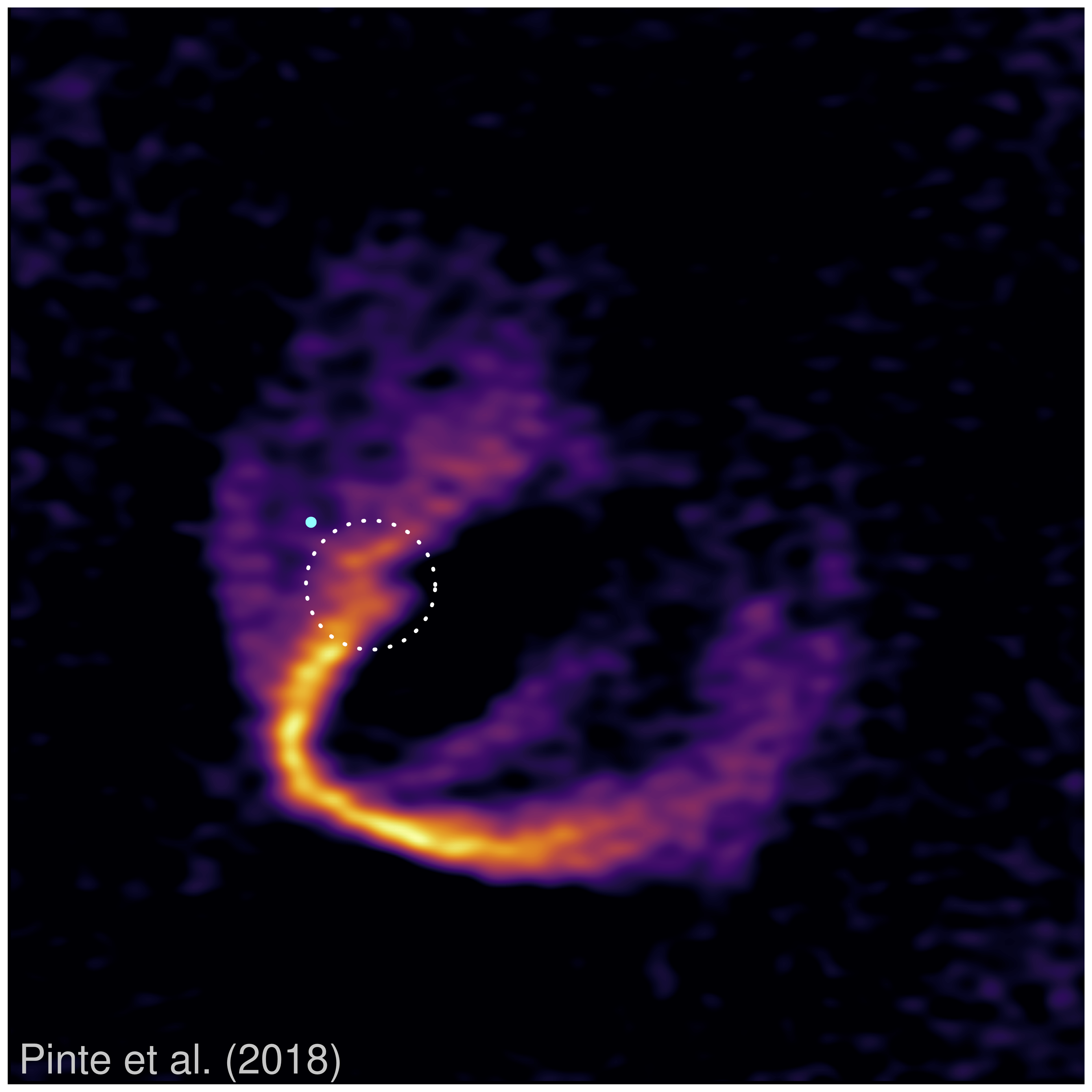 annotated image showing perturbation to velocity field caused by embedded planet in the HD163296 protoplanetary disc
