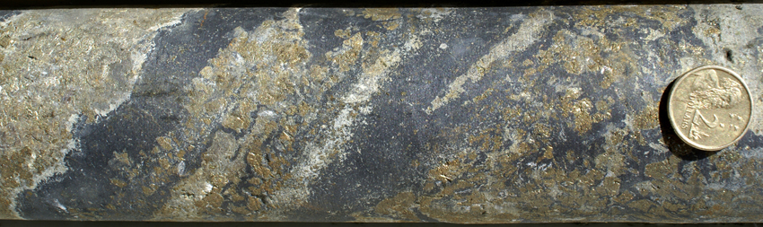Banded
magnetite-rich, and py-cpy-rich skarn